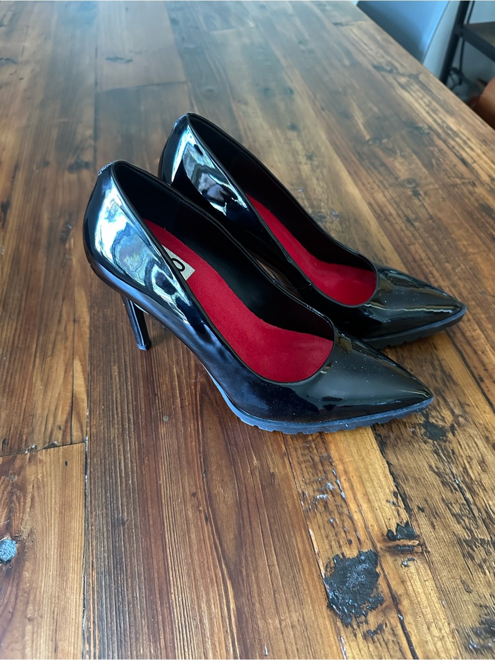 Mix No. 6 Black Patent Pointed-Toe Stiletto Heels with Red Insole